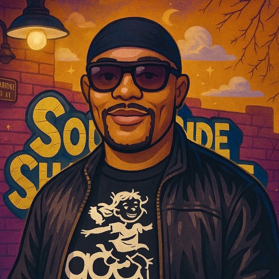 An illustrated portrait of Malik Yusef in sunglasses, a durag and a leather jacket in front of the Society's graffiti wall.