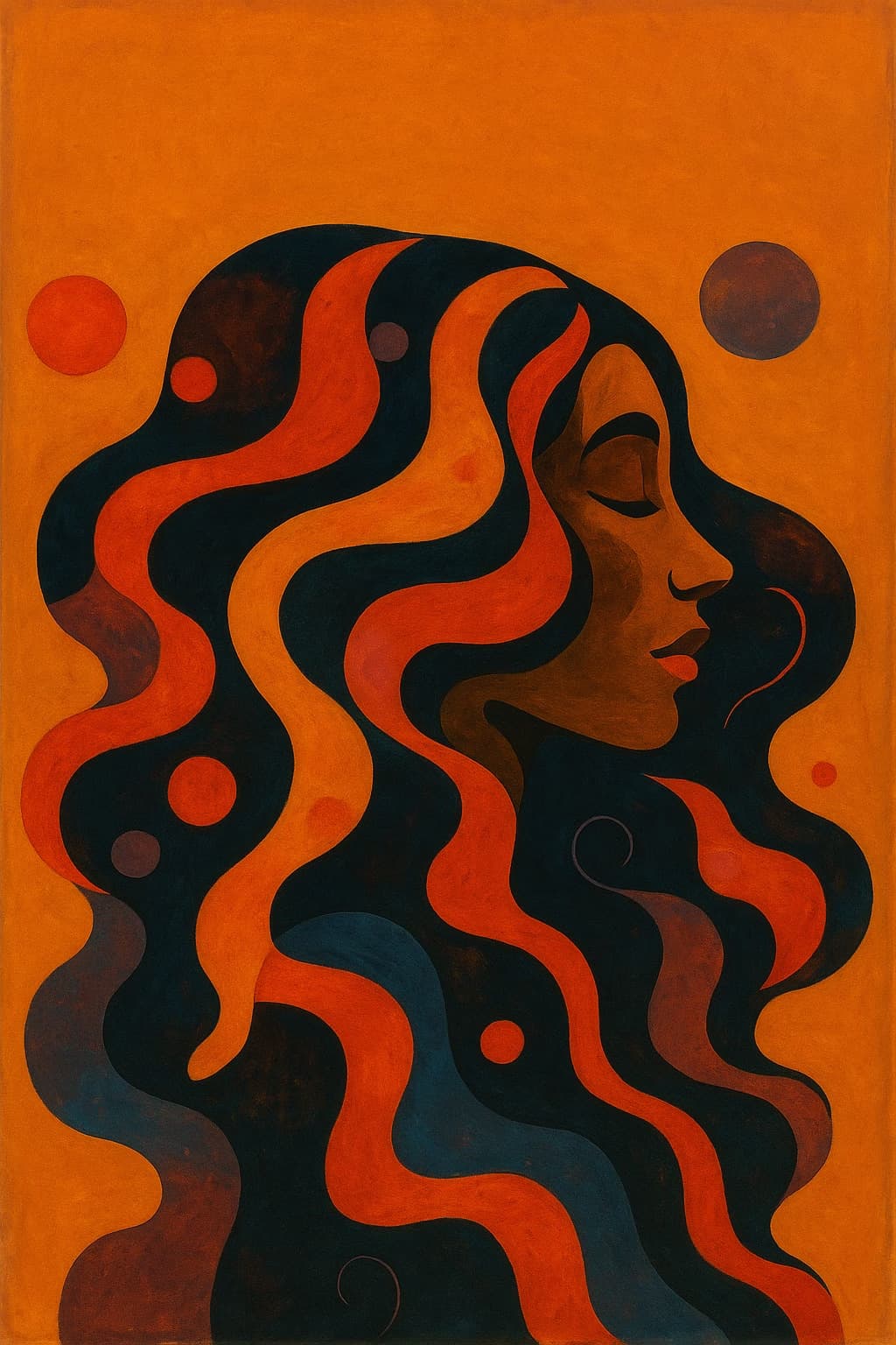 An orange-and-black painted portrait of a woman in profile, eyes closed, her hair flowing in waves.