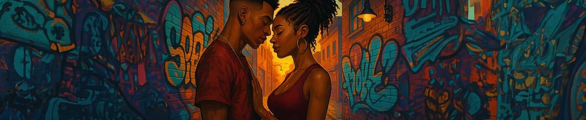 A young Black couple, foreheads touching, in an alley of teal and gold graffiti lit by a single street lamp.